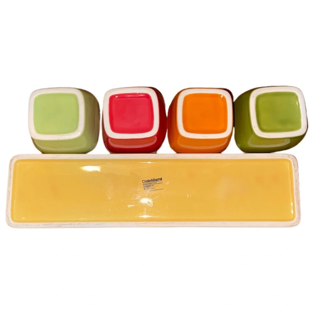 CRATE & BARREL CONDIMENT SET 4 PIECE TRAY DISH & 4 SQUARE BOWLS PICNIC COOKOUT